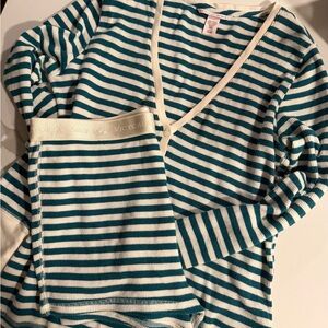 Victoria's Secret Green and White Striped V‑Neck Pajama Top and shorts